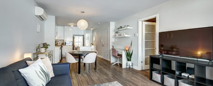 Full set of interior furnished apartment in modern condominium with patio, balcony, terrace in Montreal, Quebec, Canada