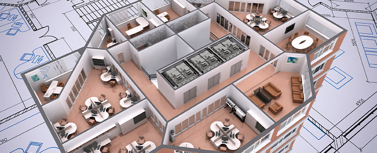 A 3D rendering of a building interior with a desk and chairs, highlighting commercial construction in Texas.