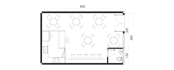 Illustration of a room featuring a kitchen and a dining area, showcasing a warm and inviting atmosphere. Commercial business construction
